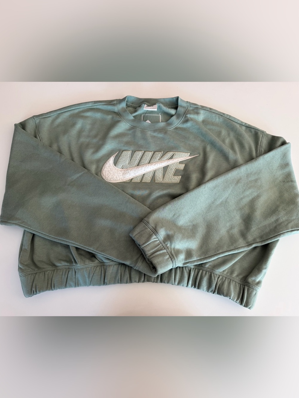 Nike Sage Green Cropped Sweatshirt White Embroidered Swoosh, Size Large
